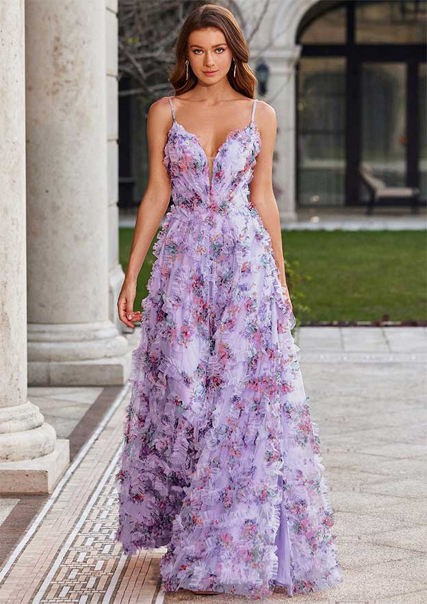 A-line V Neck Sleeveless Floor-Length Tulle Prom Dress with Ruffles Split