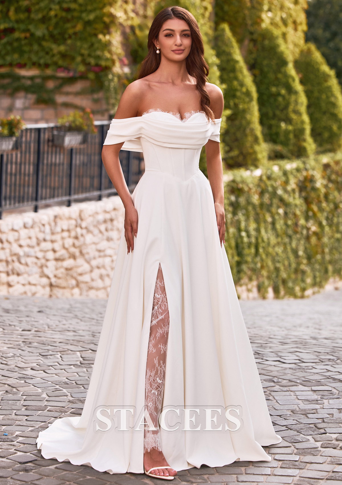 a line off the shoulder white dress Classic Long White A-line Off-the-shoulder V-neck Satin Wedding Dress