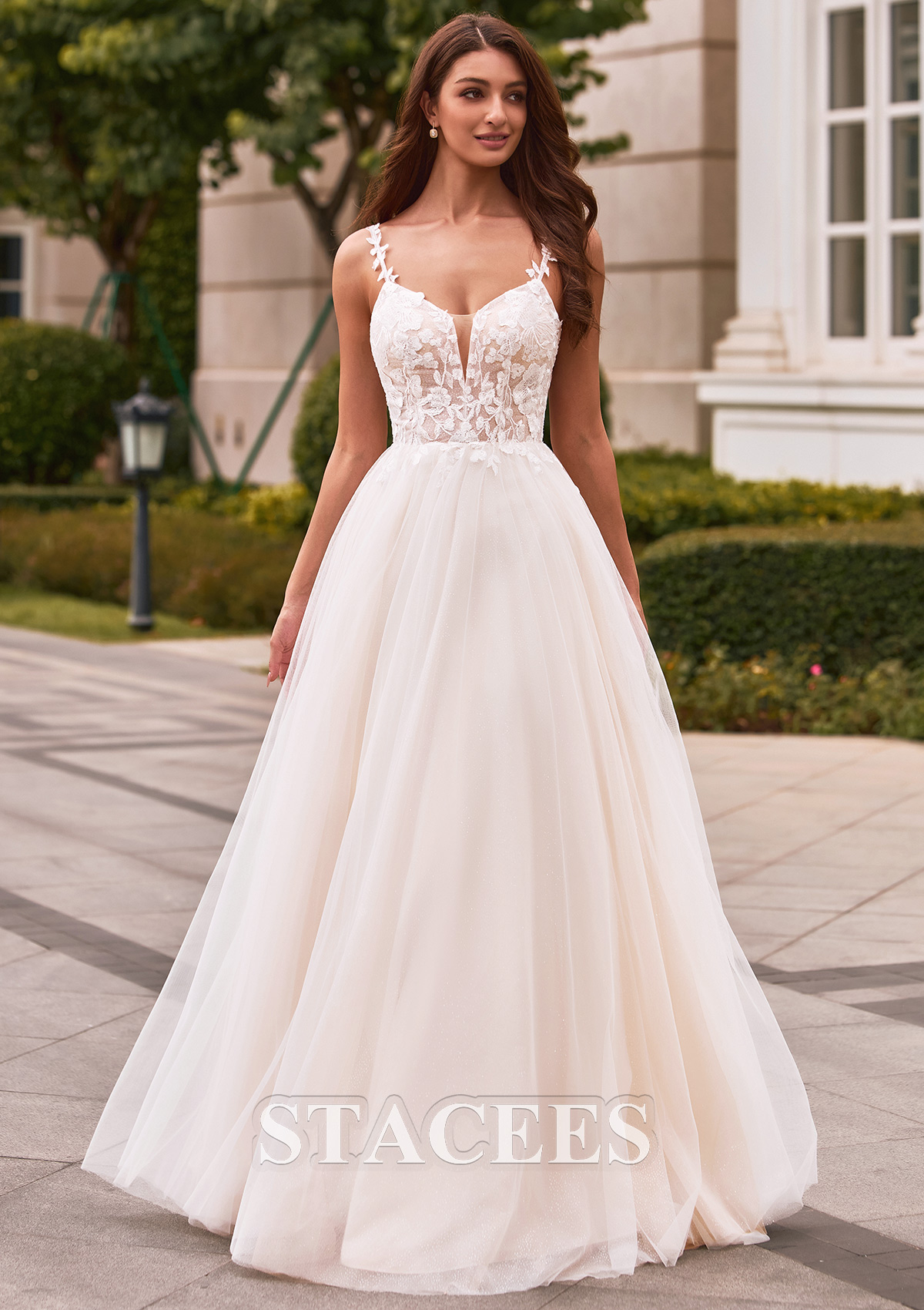 Ivory/Champagne Romantic A-line Plungimg V Neck Court Train Wedding Dress with Glitter - STACEES