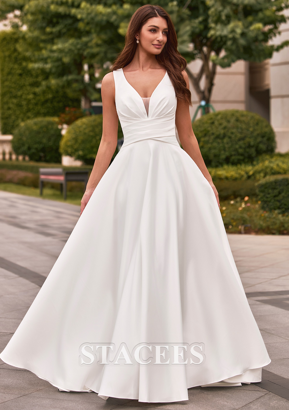 Ivory Classic A-line V Neck Satin Court Train Wedding Dress with Pleated