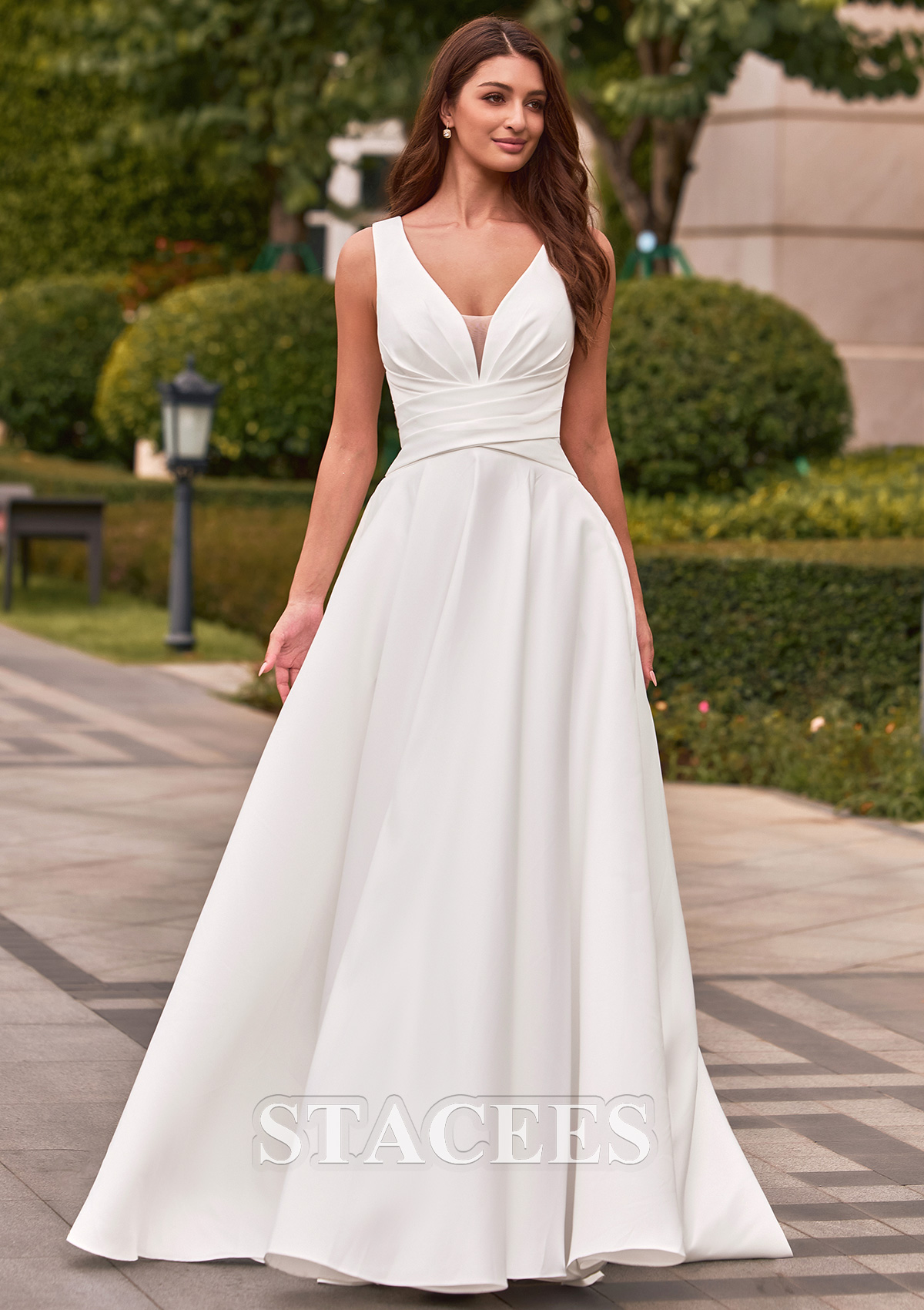 Ivory Classic A-line V Neck Satin Court Train Wedding Dress with Pleated