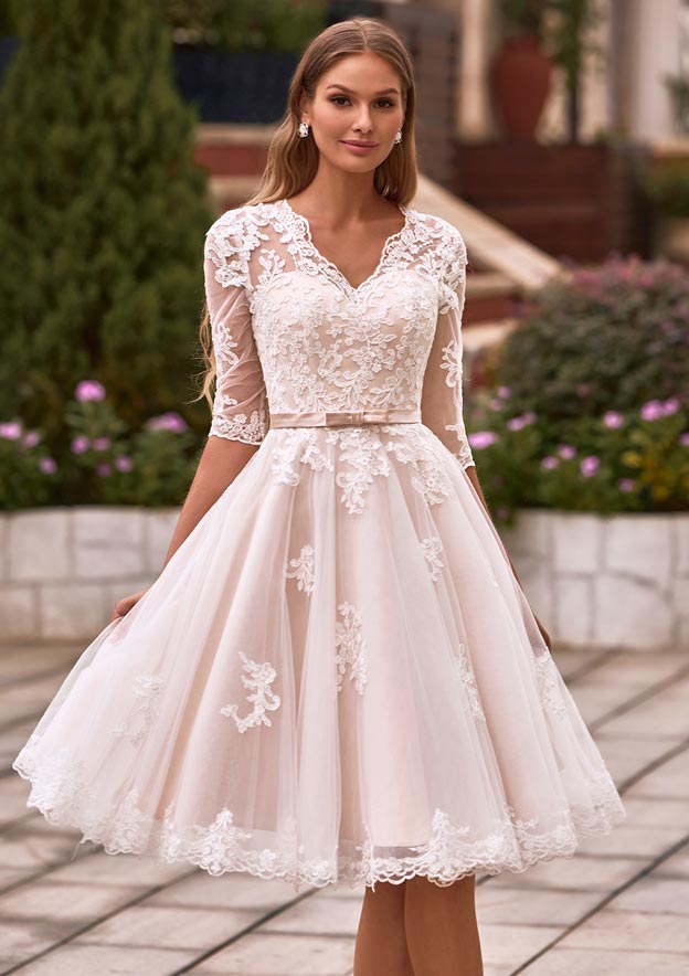 white a line dress knee length Stacees 2026 A-line V Neck Lace Knee-Length Wedding Dress with Pleated Sashes