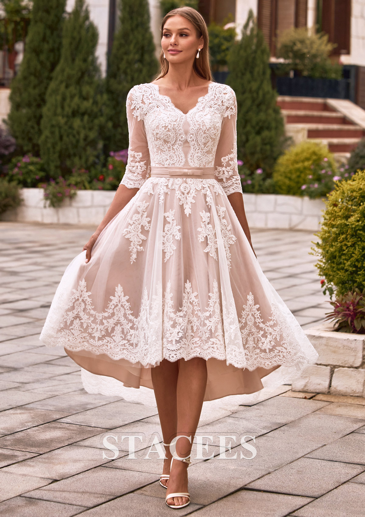 illusion lace a line wedding dress Stunning High-Low Lace A-Line Wedding Dress with Illusion Lace Back S3204W  - Wedding Dresses