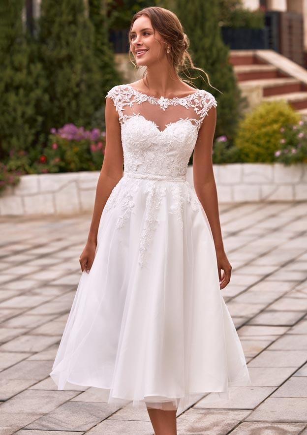 ivory tea dress JJ's House A-line Tea-Length Wedding Dress With Lace Ivory l Size 4