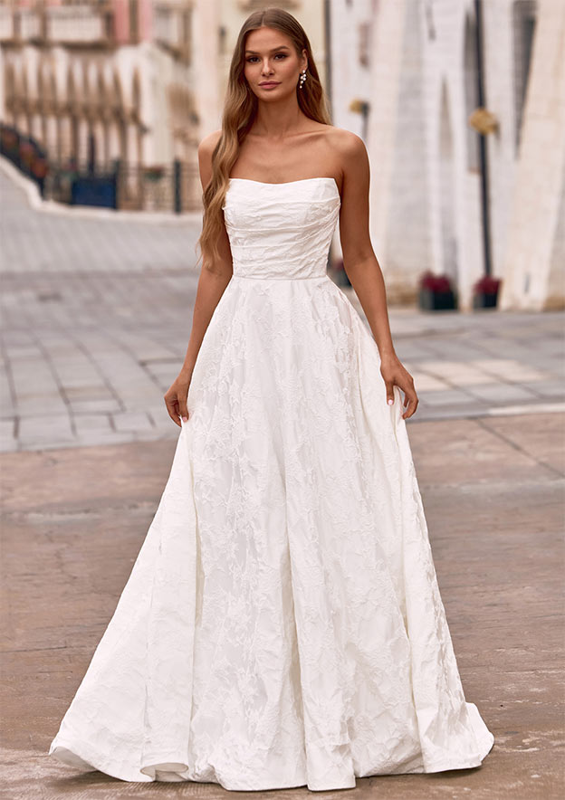 brocade a line wedding dress 44357: Square Neck Floral Brocade Ball Gown with Pockets