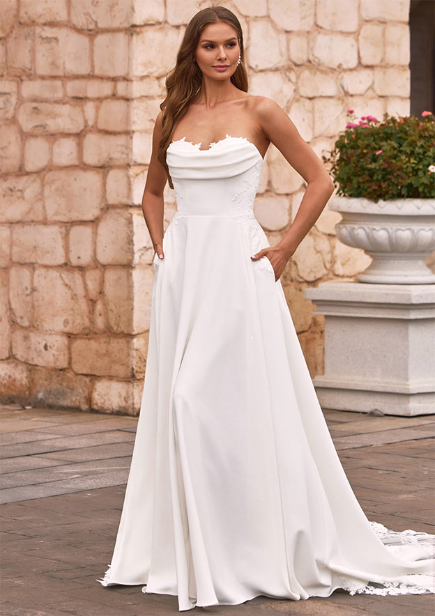 a line wedding dresses with pockets Vintage Simple Long Satin A-Line Light Ivory Wedding Dresses With Pockets US2 / Light Ivory