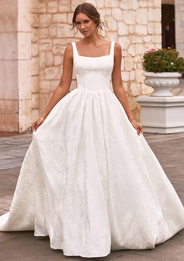 classic square neck wedding dress Stella York Mikado Square Neck A-Line Wedding Dress with Pockets