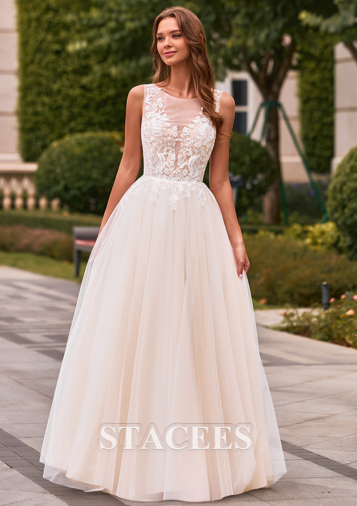 Ivory/Champagne Classic A-line Tulle Lace Illusion Corset Wedding Dress - STACEES
