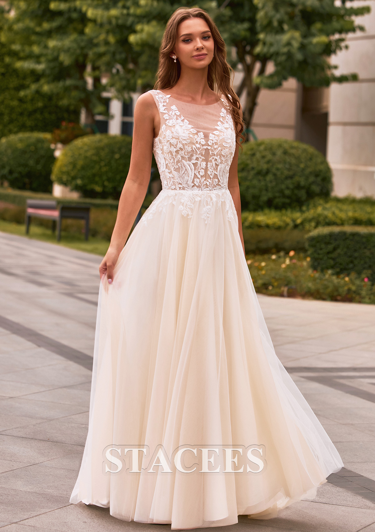 illusion corset wedding dress Fitted Gown an Illusion Corset Bodice and Dimensional Floral Lace