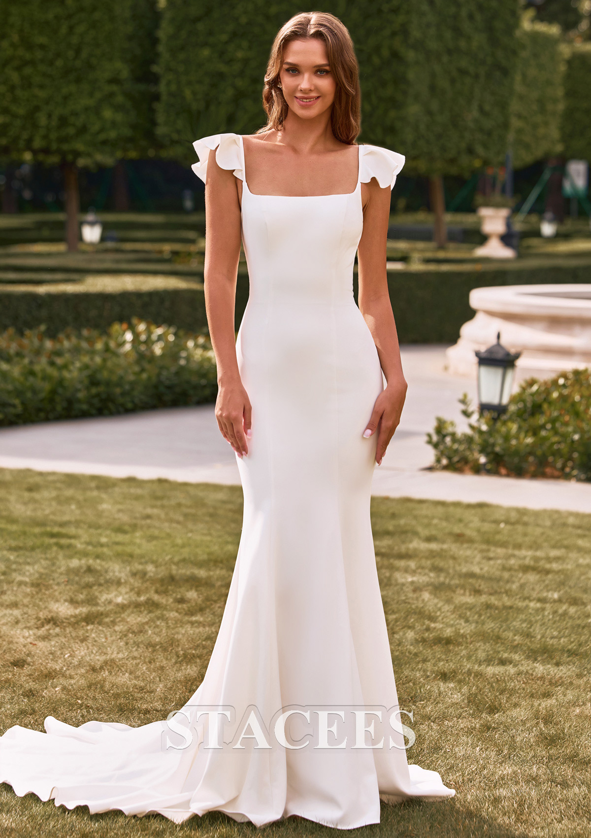Ivory Glamorous Mermaid Chapel Train Bridal Gown with Ruffled Straps