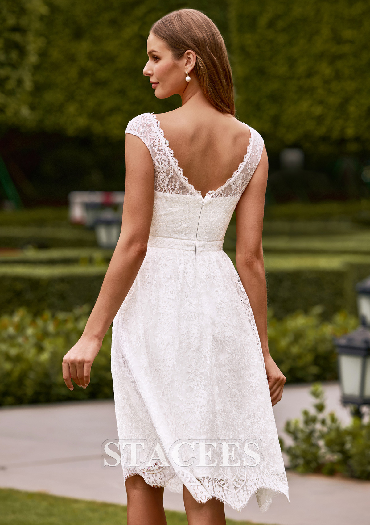 lace cocktail wedding dress Stacees 2026 A-line Illusion Neck Lace Knee-Length Wedding Dress with Waistband