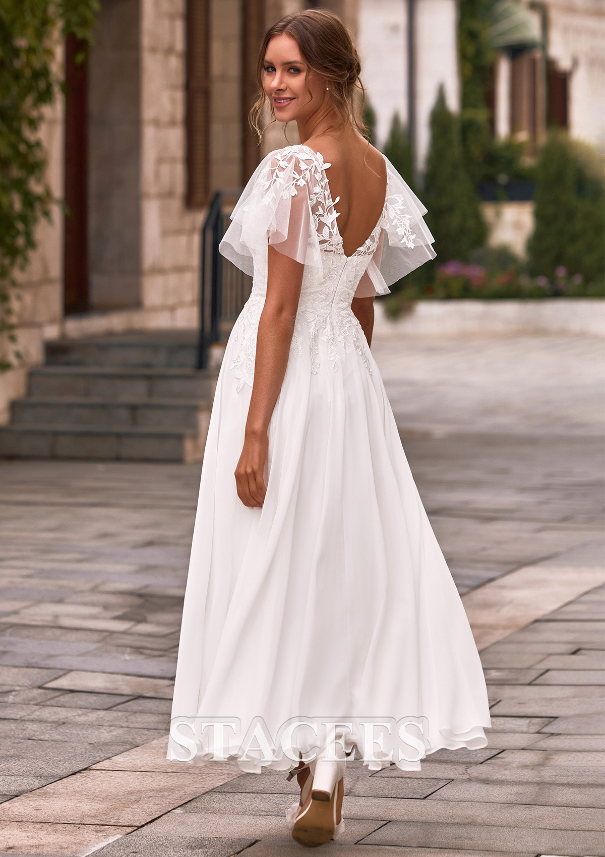 chiffon tea length straight neckline wedding dress Stacees Wedding Dresses A-Line Scoop Neck Ankle-Length Tulle Appliqued Flowers Appliqued