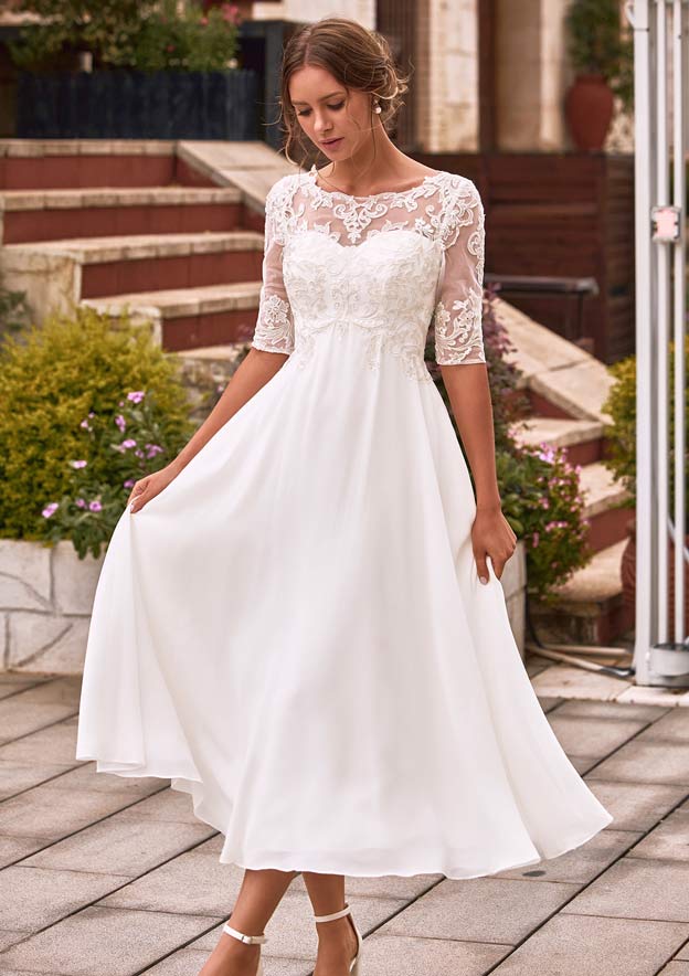 A-line Bateau Half Sleeve Tea-Length Chiffon Wedding Dress with Lace