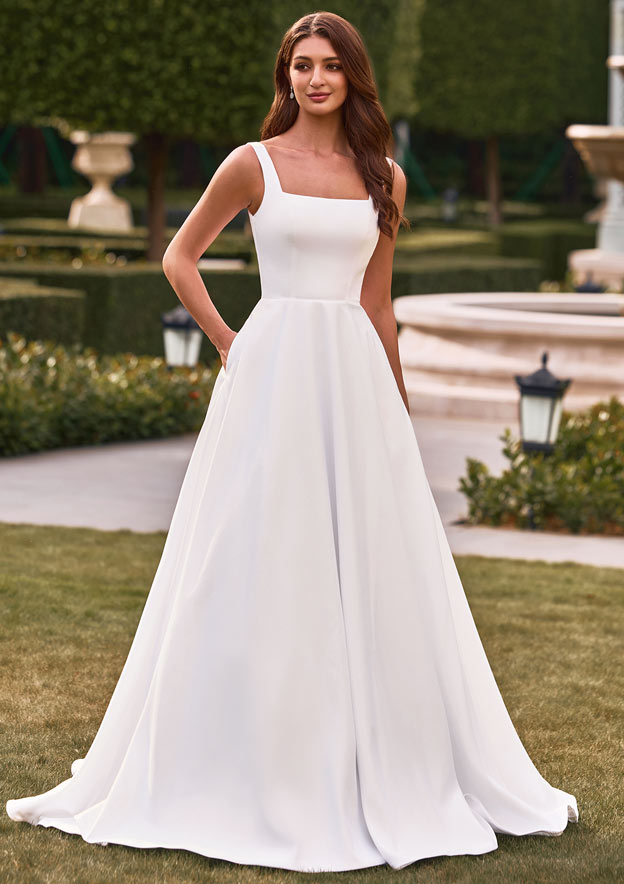 minimalist square neck wedding dress Minimalist A-Line Wedding Dress with Square Neckline