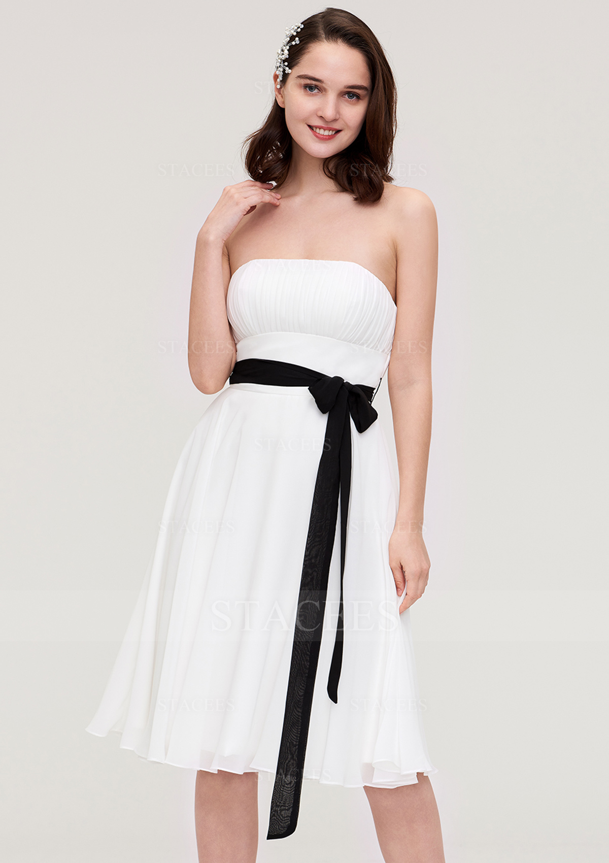 white bridesmaid dress with black sash Strapless Sleeveless Knee-Length Chiffon A-line/Princess Pleated Sashes - Bridesmaid Dresses Wedding dress