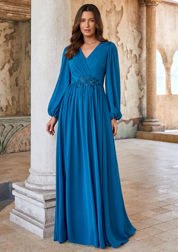 formal chiffon dresses with sleeves Long Sleeve Dress Wedding Guest A-line Floor-Length Chiffon Mother of