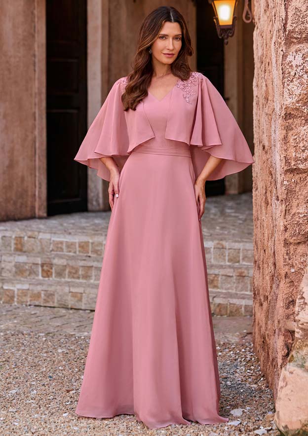 chiffon-overlay a-line dress A-line Tea-Length Chiffon Mother of the Bride Dress with Cape Overlay Sleeves S5134M - Mother of the Bride Dresses