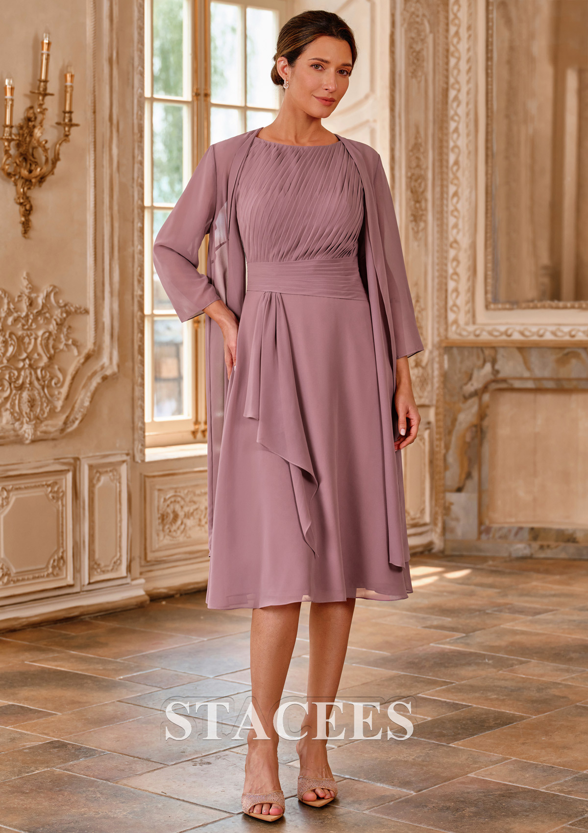 flowy chiffon dress knee length A-line Knee-Length Chiffon Mother of the Bride Dress with 3/4 Sleeve Jacket S5087M - Mother of the Bride Dresses