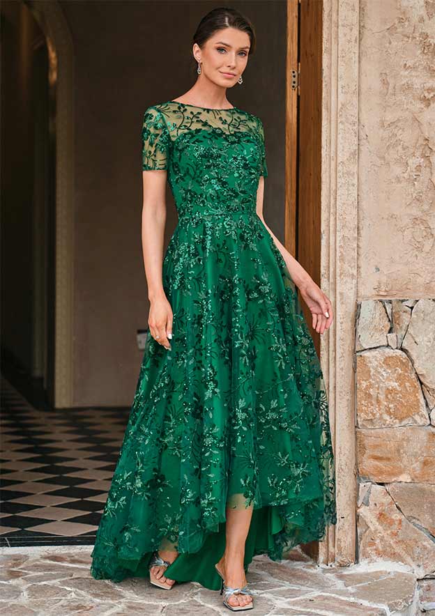 Stacees Floral Sequin Lace High-Low Mother of the Bride or Groom Dress with Short Sleeves