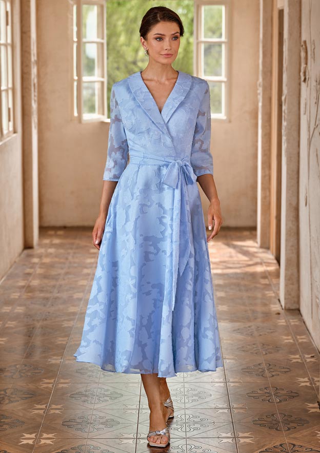 tea length mother of groom dresses A-line Jacquard Tea-Length the Bride Dress with Sleeves Tie Waist S5161M - Mother of the Bride Scoop;Fabric Skirt Length:21 inches La femme FU40s Zara Asymmetric Dress Lace