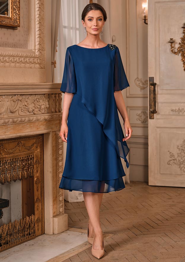 petite mother of the bride dresses short NumberSea-A-Line Mother of the Bride Dress Wedding Guest Petite V Neck Short  / Mini Stretch Chiffon Short Sleeve with Beading Split Front Ruching