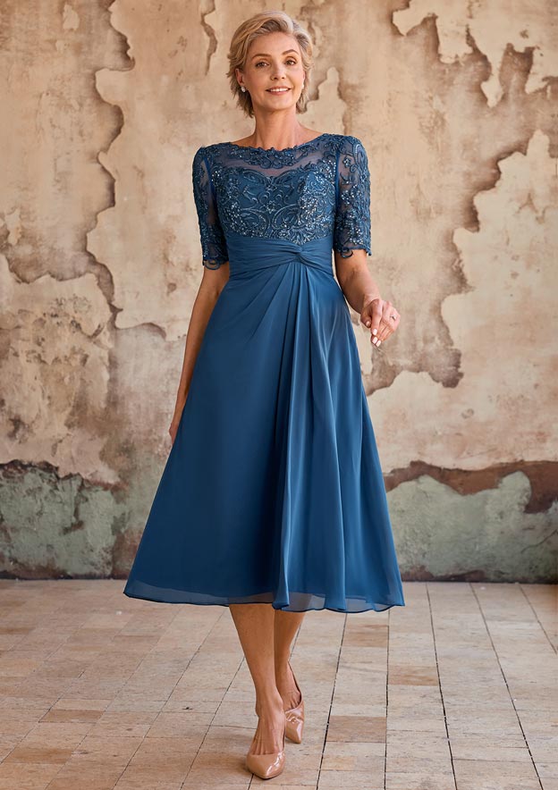 short chiffon mother of the bride dresses Tea-Length Pleated Dress with Embroidered Lace Sleeves California Coast Tie Dye Color:Muted Satin Canary FJDBL Evening gown so Missacc found you