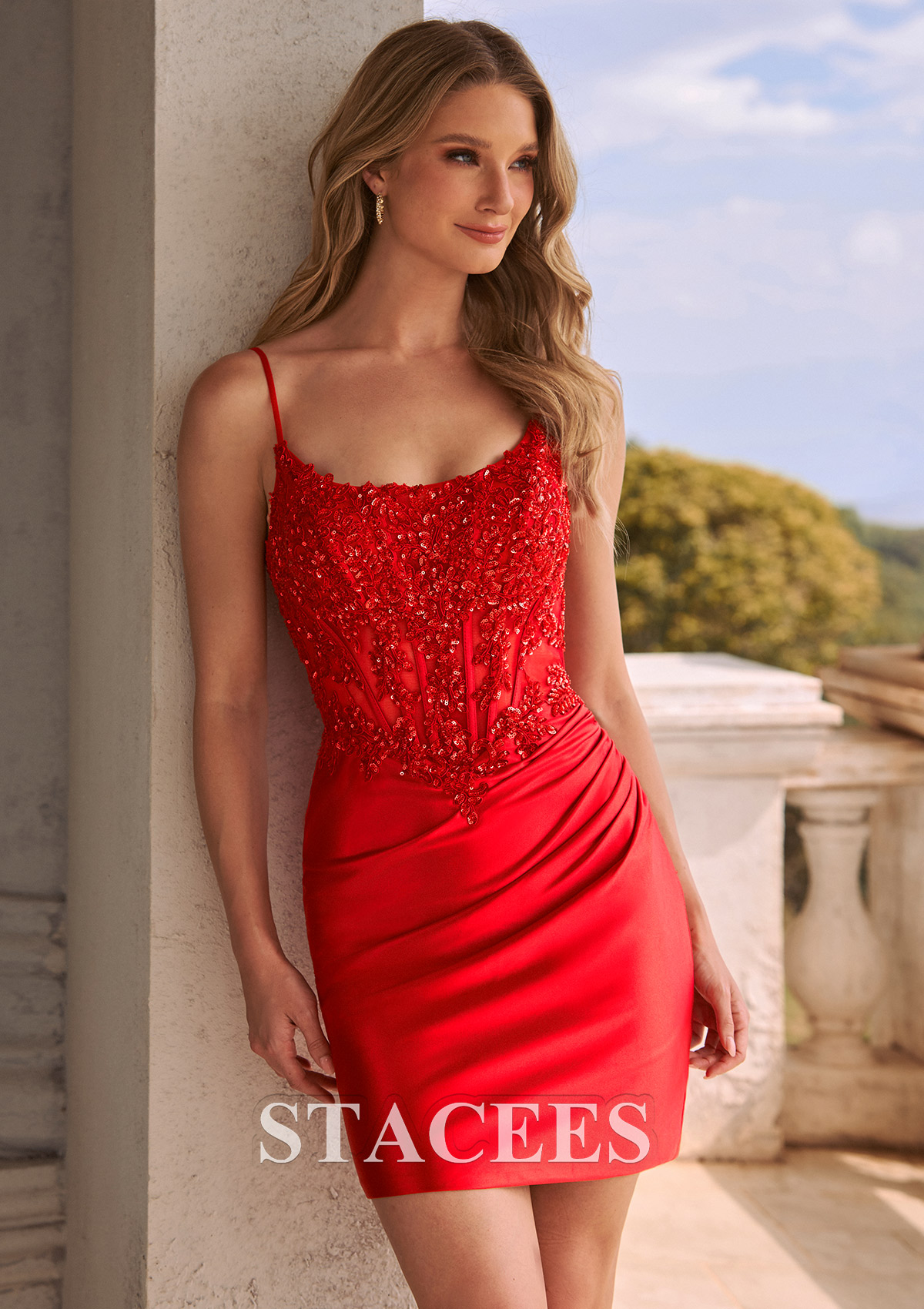 Red Sheath Beaded Corset Bodycon Mini Homecoming Dress with Beaded Corset