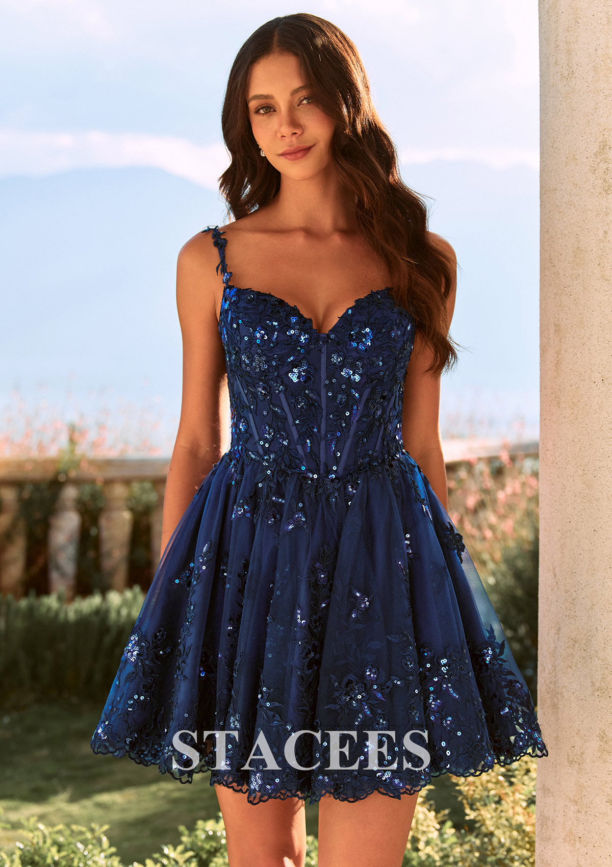 Dark Navy Sparkly Sequins A-line V Neck Corset Short Mini Homecoming Dress with Spaghetti Straps