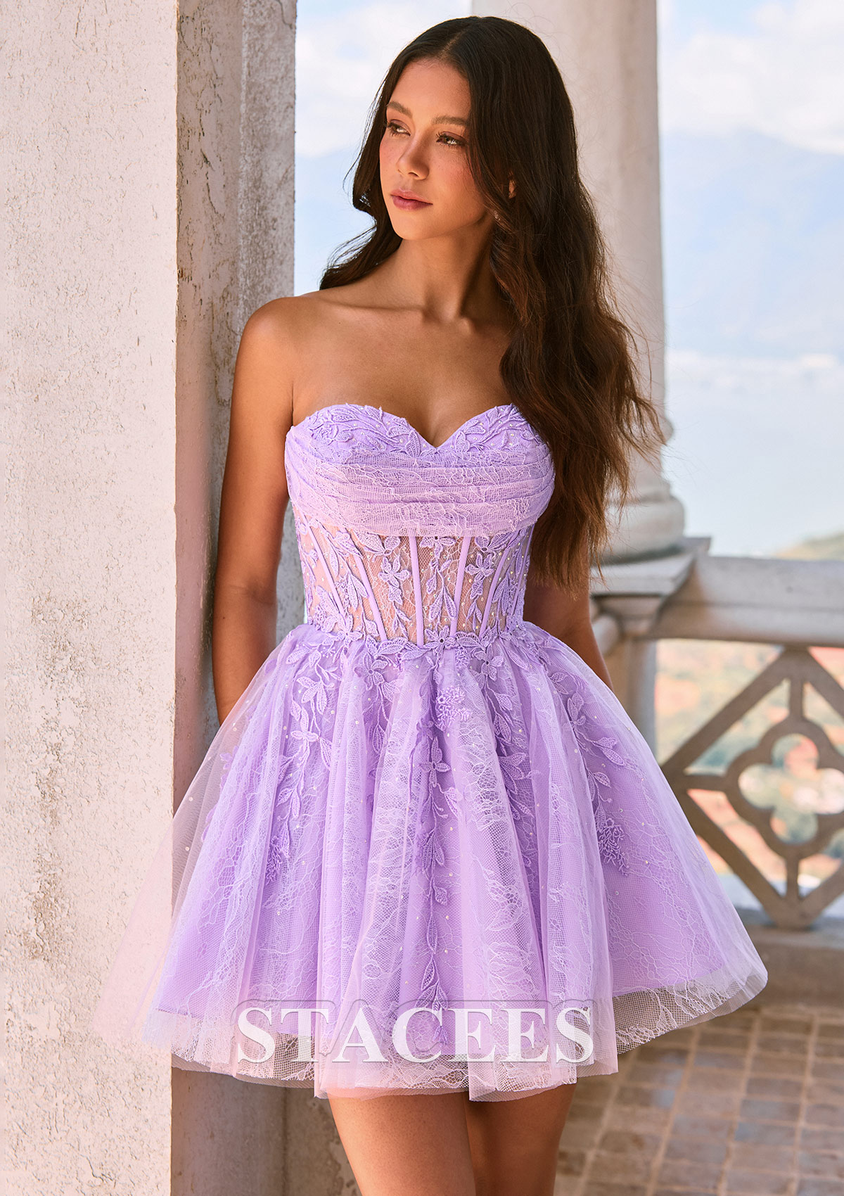 Lila Vestido línea a cuello de corazón tul corto/mini vestido para homecoming