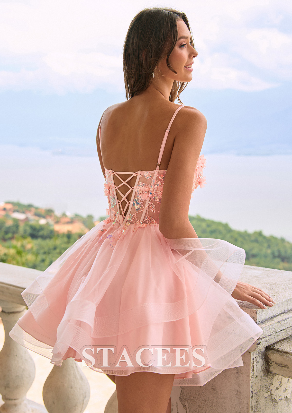 Rose Rougissant Trapèze scoop tulle courte/mini robe de fête de la rentré avec perles fleurs volants - STACEES