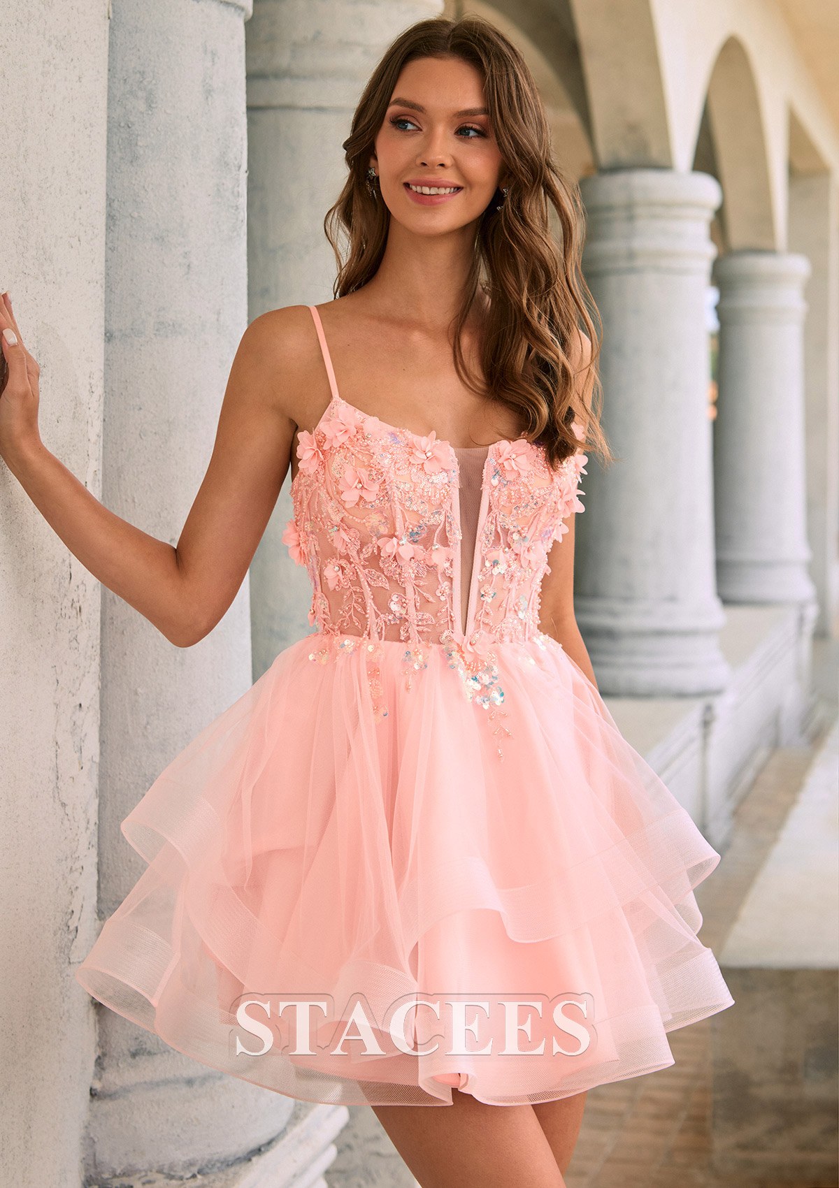 Rose Rougissant Trapèze scoop tulle courte/mini robe de fête de la rentré avec perles fleurs volants - STACEES