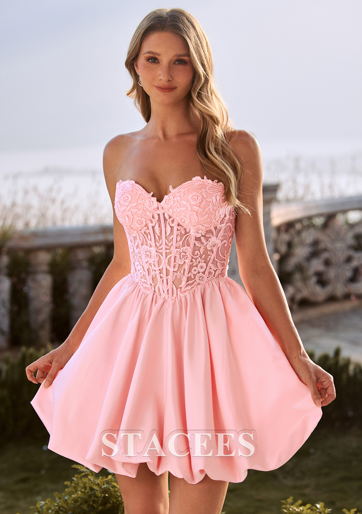 Blushing Pink Strapless Lace Corset A-Line Mini Bubble Homecoming Dress - STACEES