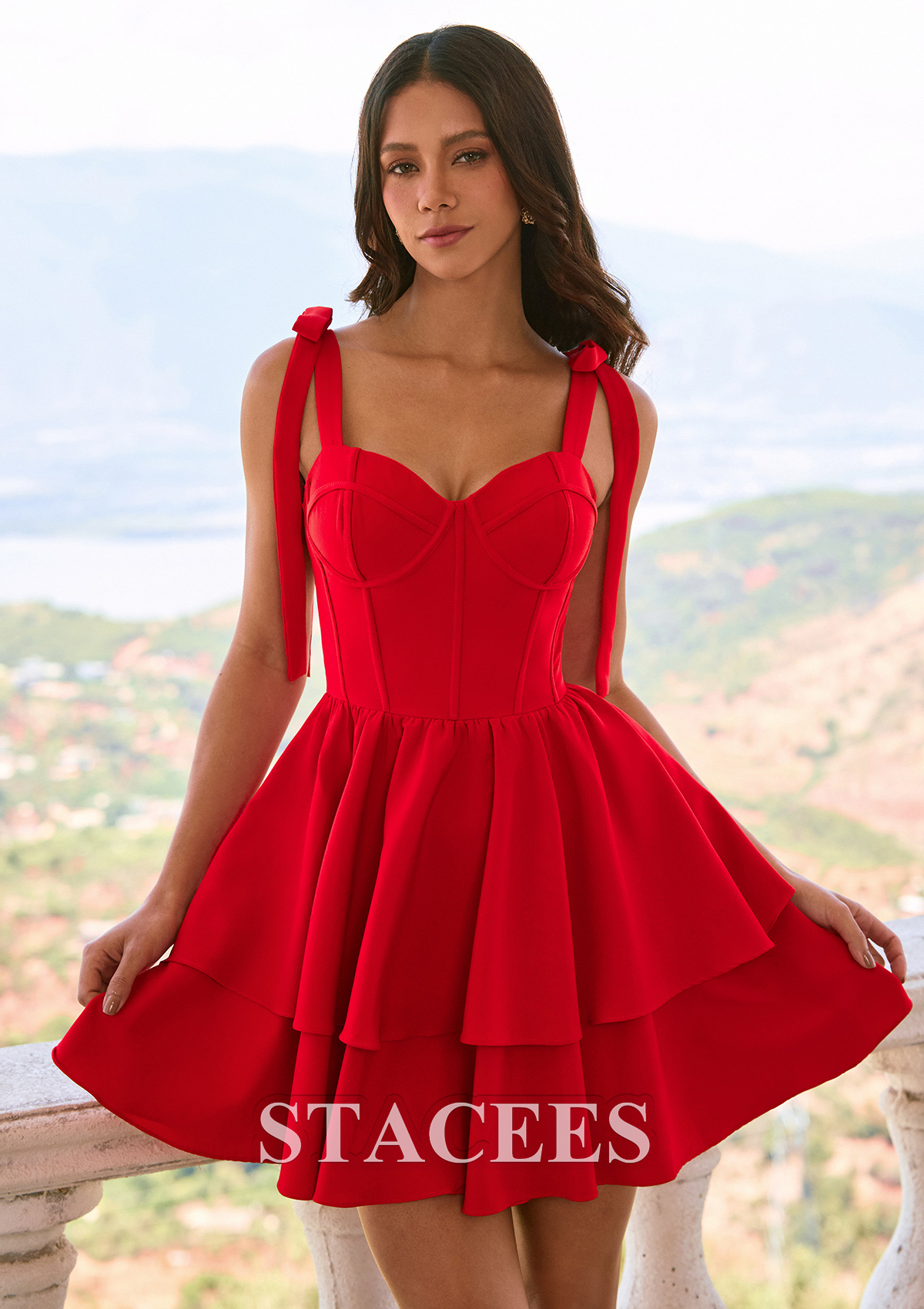 Red A-line Sweetheart Stretch Crepe Layered Short Homecoming Dress with Bow Tie Straps - STACEES