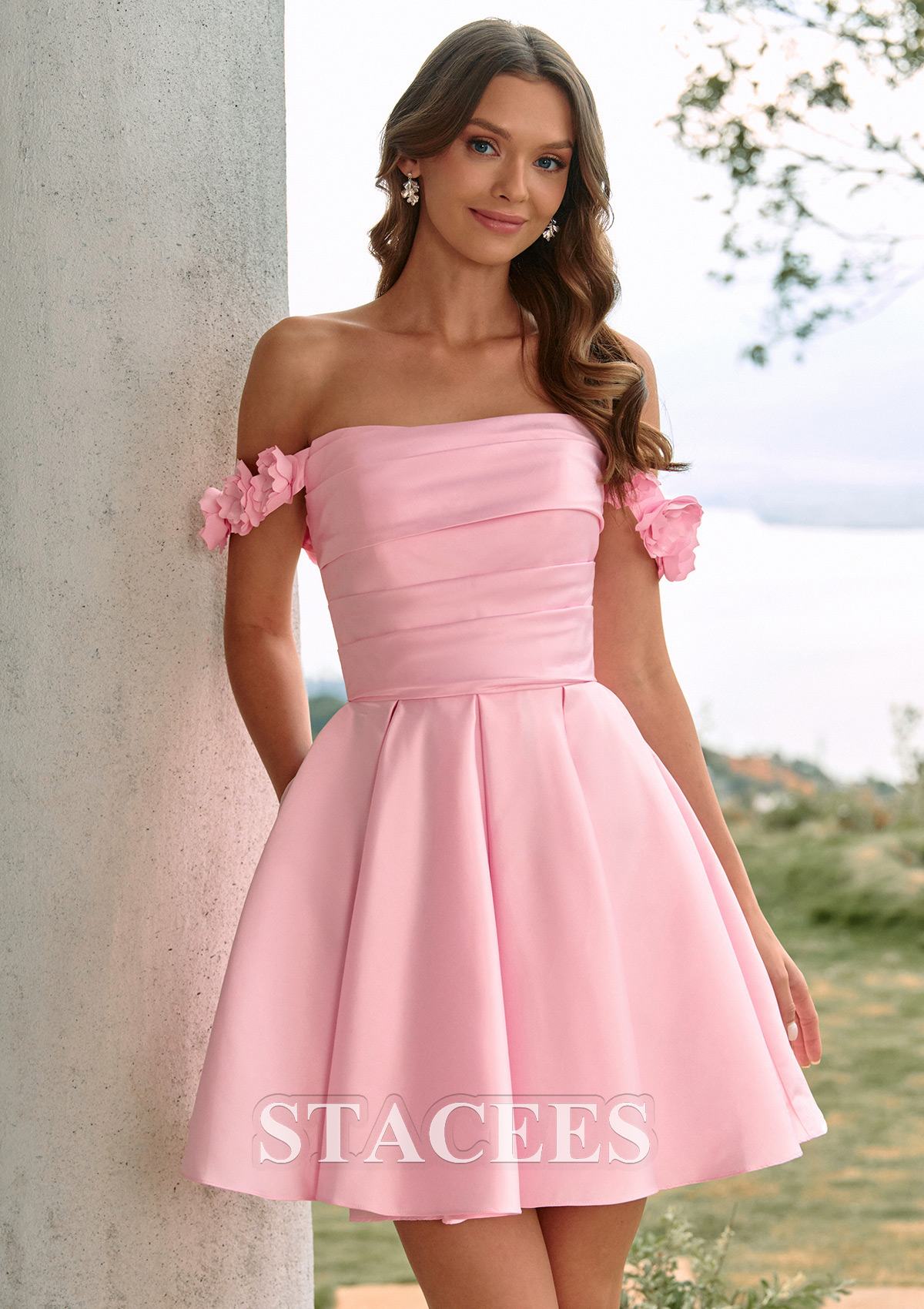 Candy Pink A-Line Satin Mini Homecoming Dress with 3D Flowers Off-Shoulder Straps Pockets - STACEES