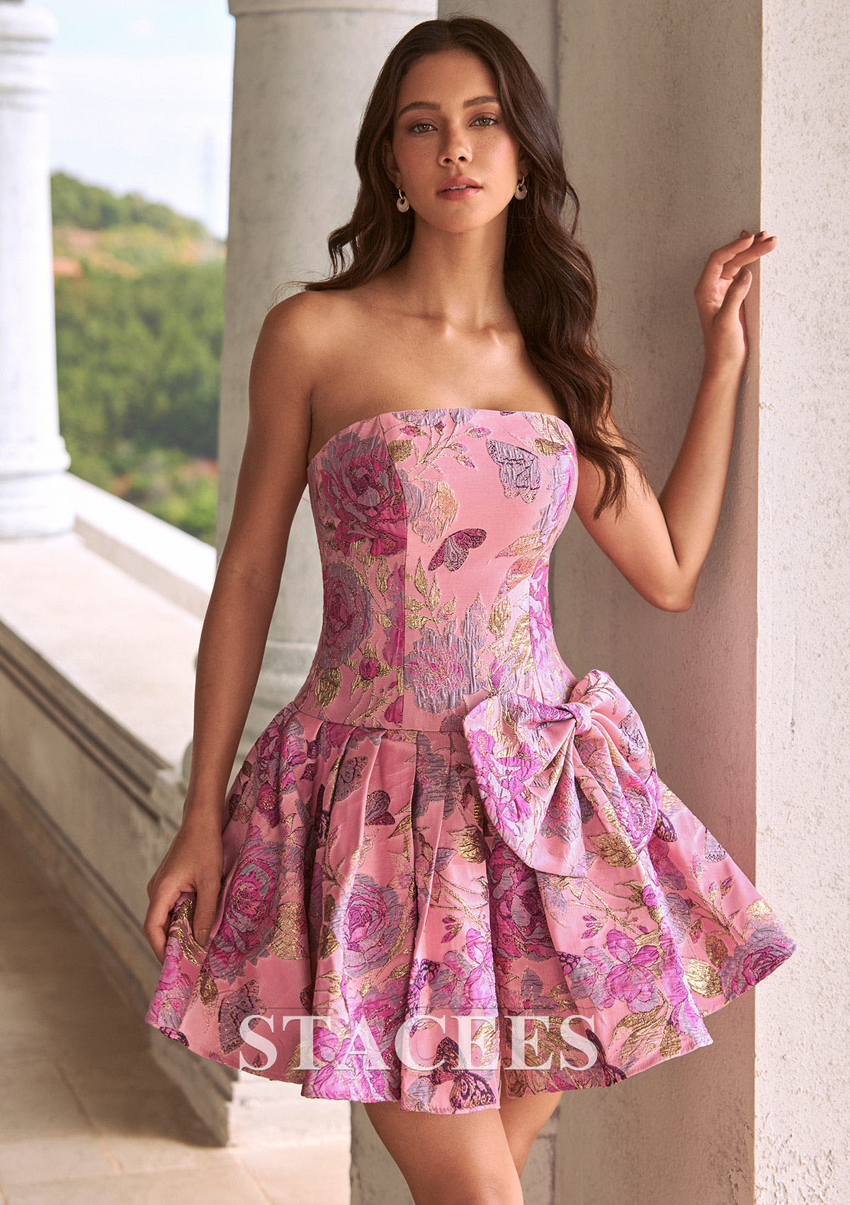 Floral rose bonbon Trapèze encolure carré brocart courte/mini robe de fête de la rentré avec noeud papillon plissé - STACEES