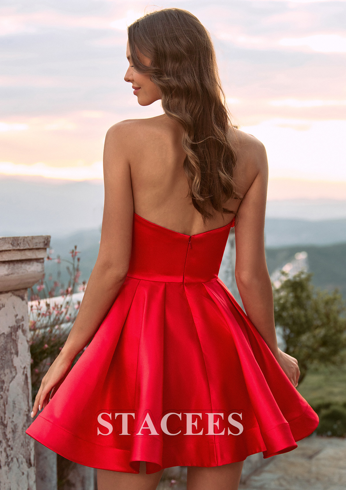 Red A-line Satin Mini Homecoming Dress with Flowers Strapless Sweetheart Neckline - STACEES