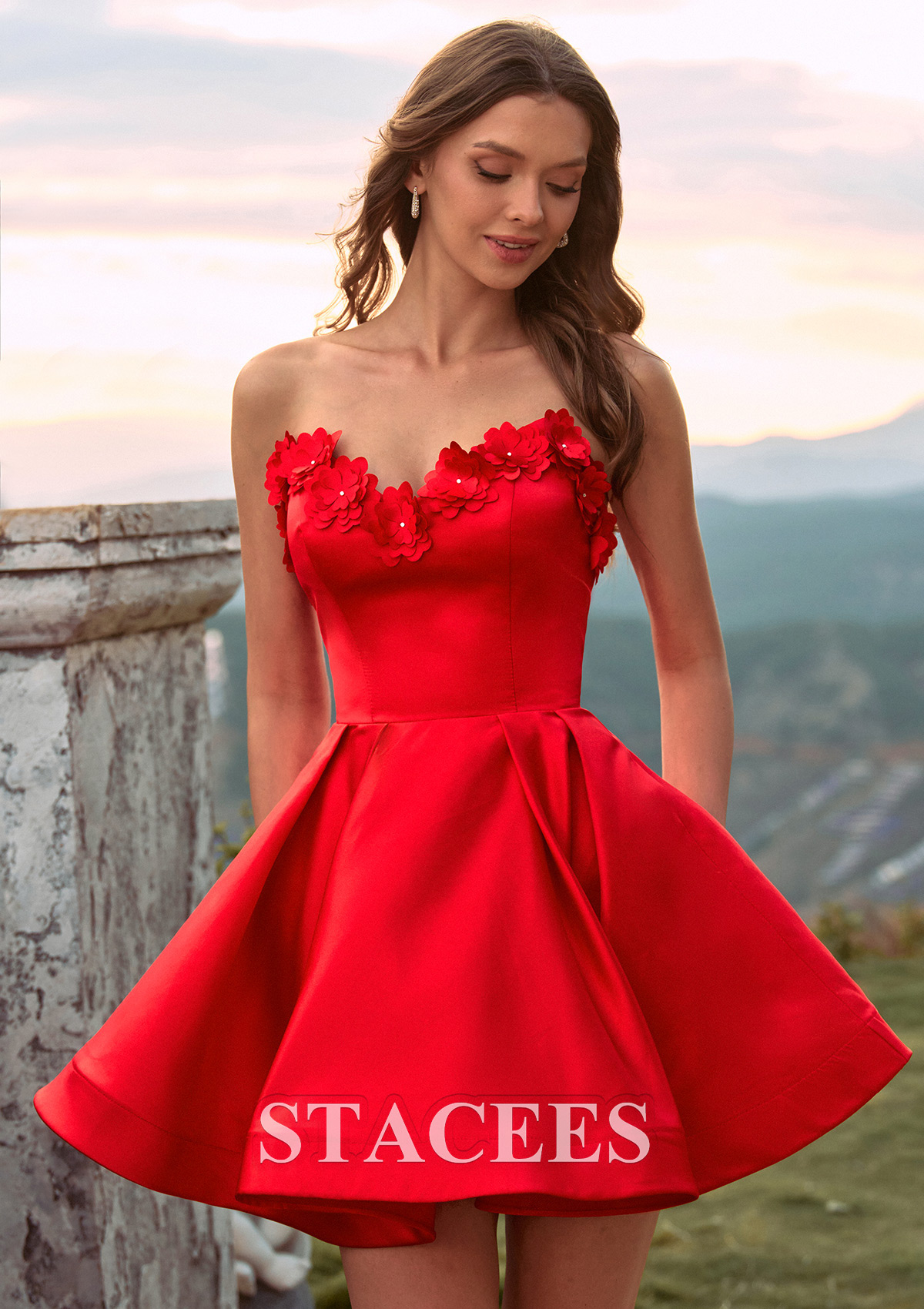 Red A-line Satin Mini Homecoming Dress with Flowers Strapless Sweetheart Neckline - STACEES