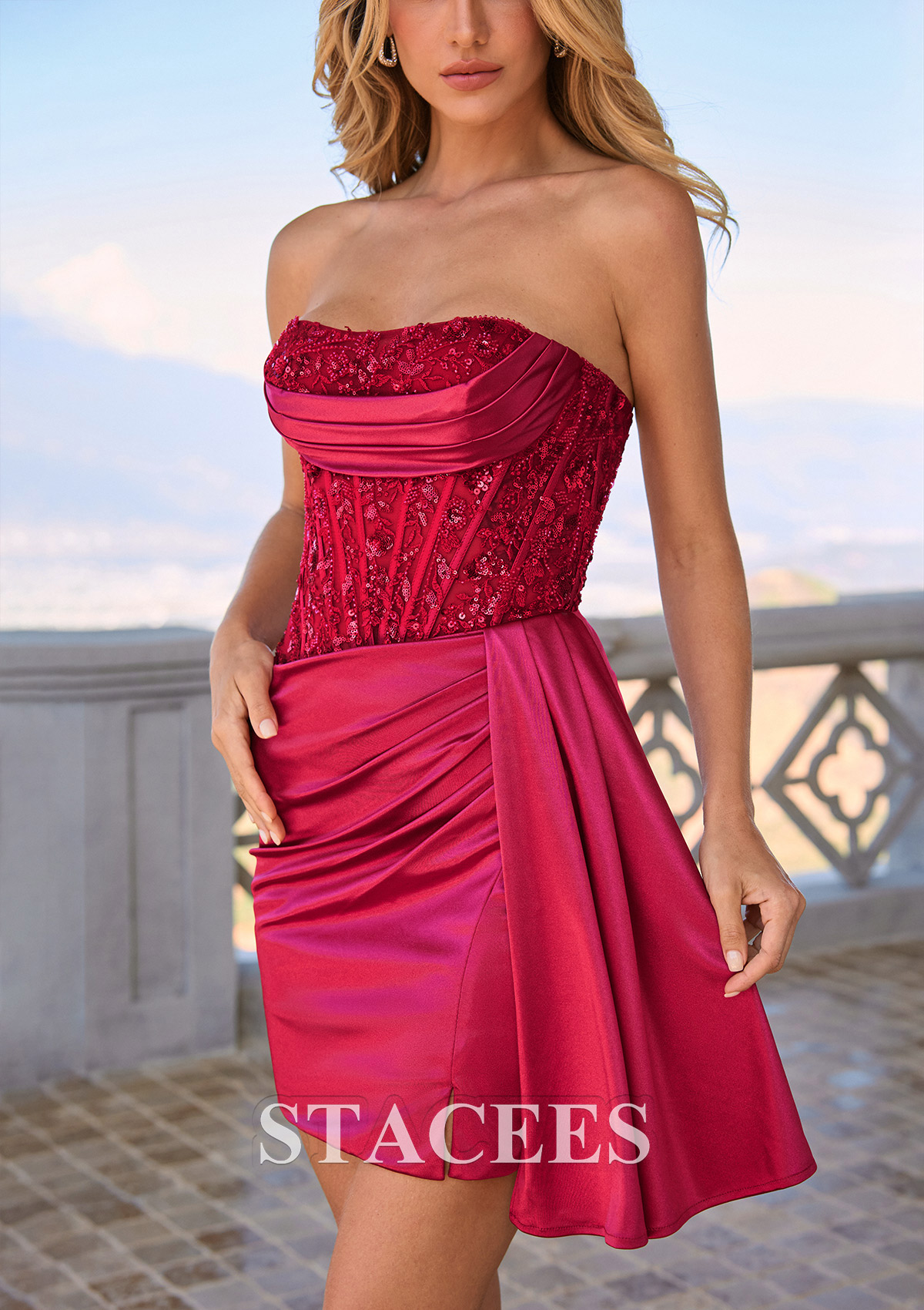 Burgundy Sheath Strapless Beaded Corset Mini Homecoming Dress with Pleats Side Drape - STACEES