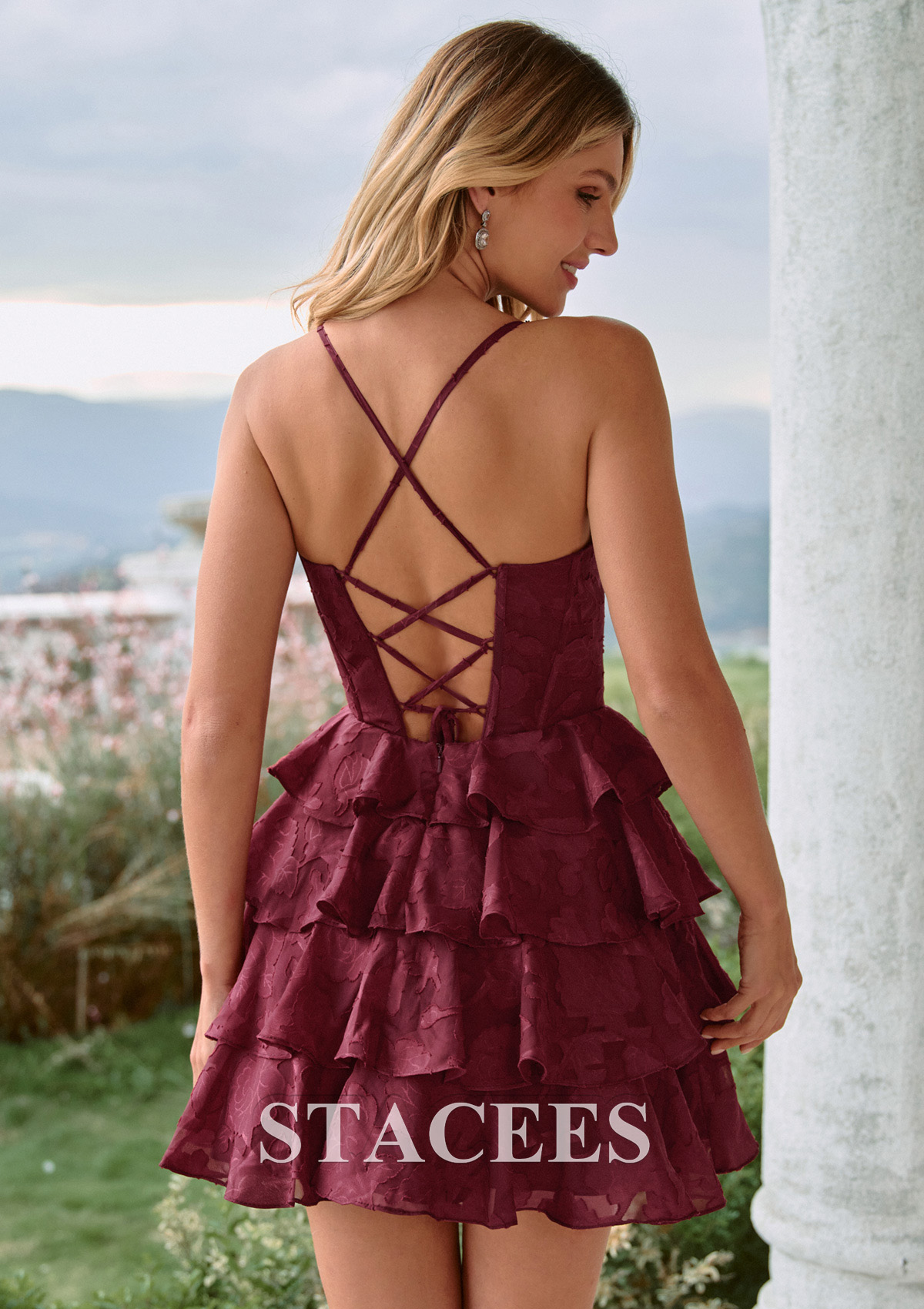 Burgundy A-line Cowl Neck Corset Jacquard Tiered Ruffle Mini Homecoming Dress - STACEES