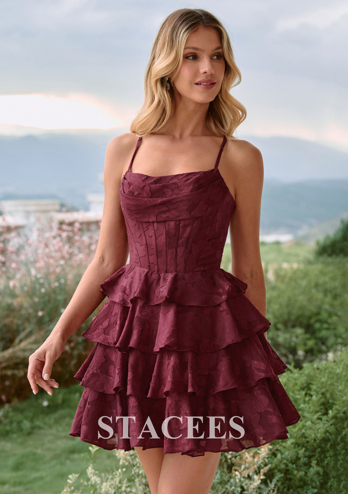 Burgundy A-line Cowl Neck Corset Jacquard Tiered Ruffle Mini Homecoming Dress - STACEES