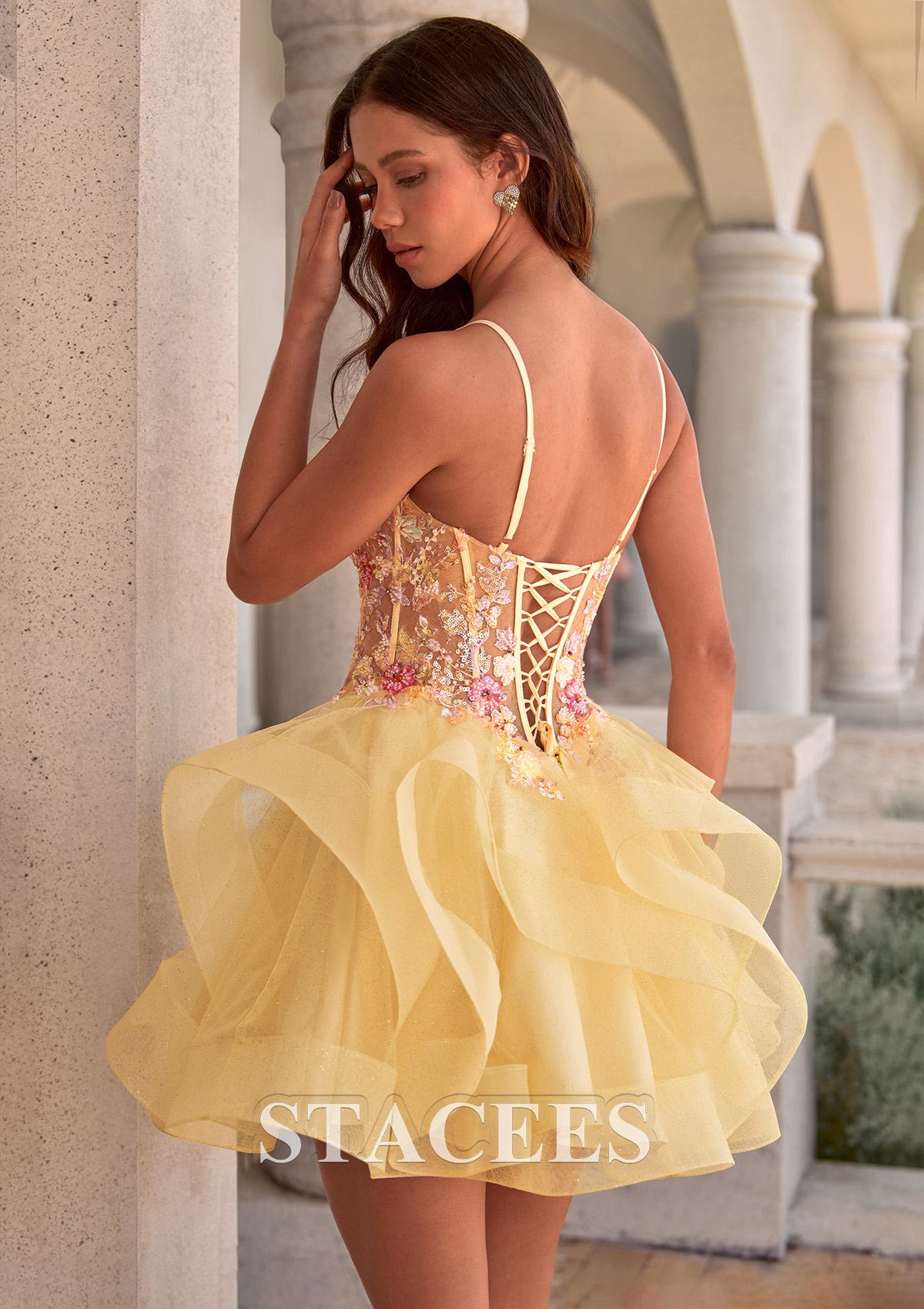 Yellow A-line Tiered Ruffle Homecoming Dress with Floral Applique Corset - STACEES