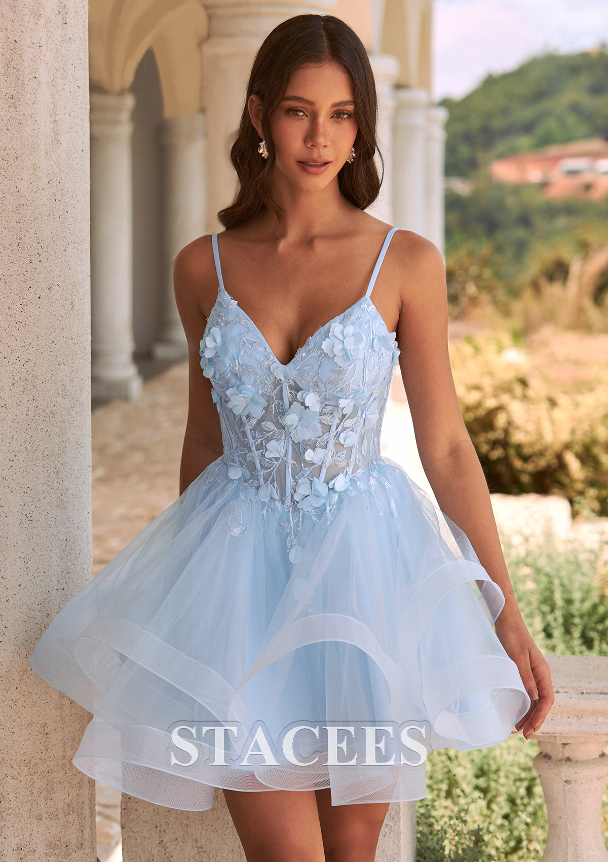 Sky Blue A-line Straps Tiered Tulle Mini Homecoming Dress with 3D Floral Appliques - STACEES