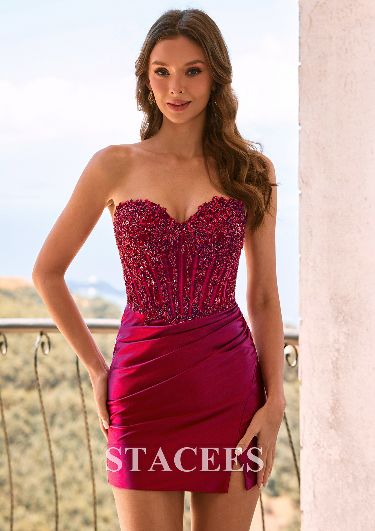 Burgundy Sheath Strapless Sweetheart Beaded Corset Mini Homecoming Dress with Slit - STACEES