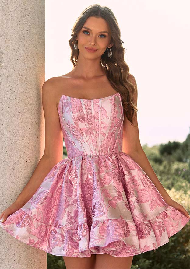 A-line Strapless Corset Floral Brocade Mini Homecoming Dress with Ruffle Hem