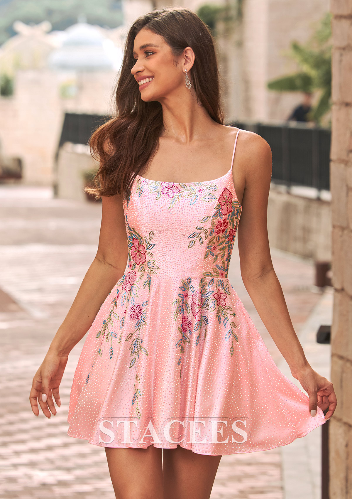 Blushing Pink Floral Hot Fix Satin A-Line Homecoming Dress with Spaghetti Straps - STACEES