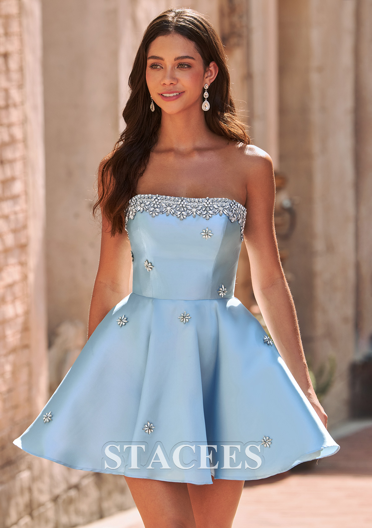 Light Blue A-line Square Neckline Strapless Beaded Satin Short Homecoming Dress - STACEES