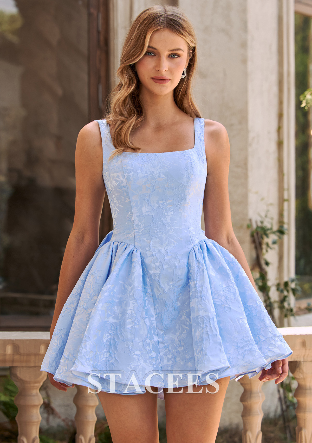 Sky Blue A-line Square Neckline Floral Jacquard Short Homecoming Dress with Bow - STACEES