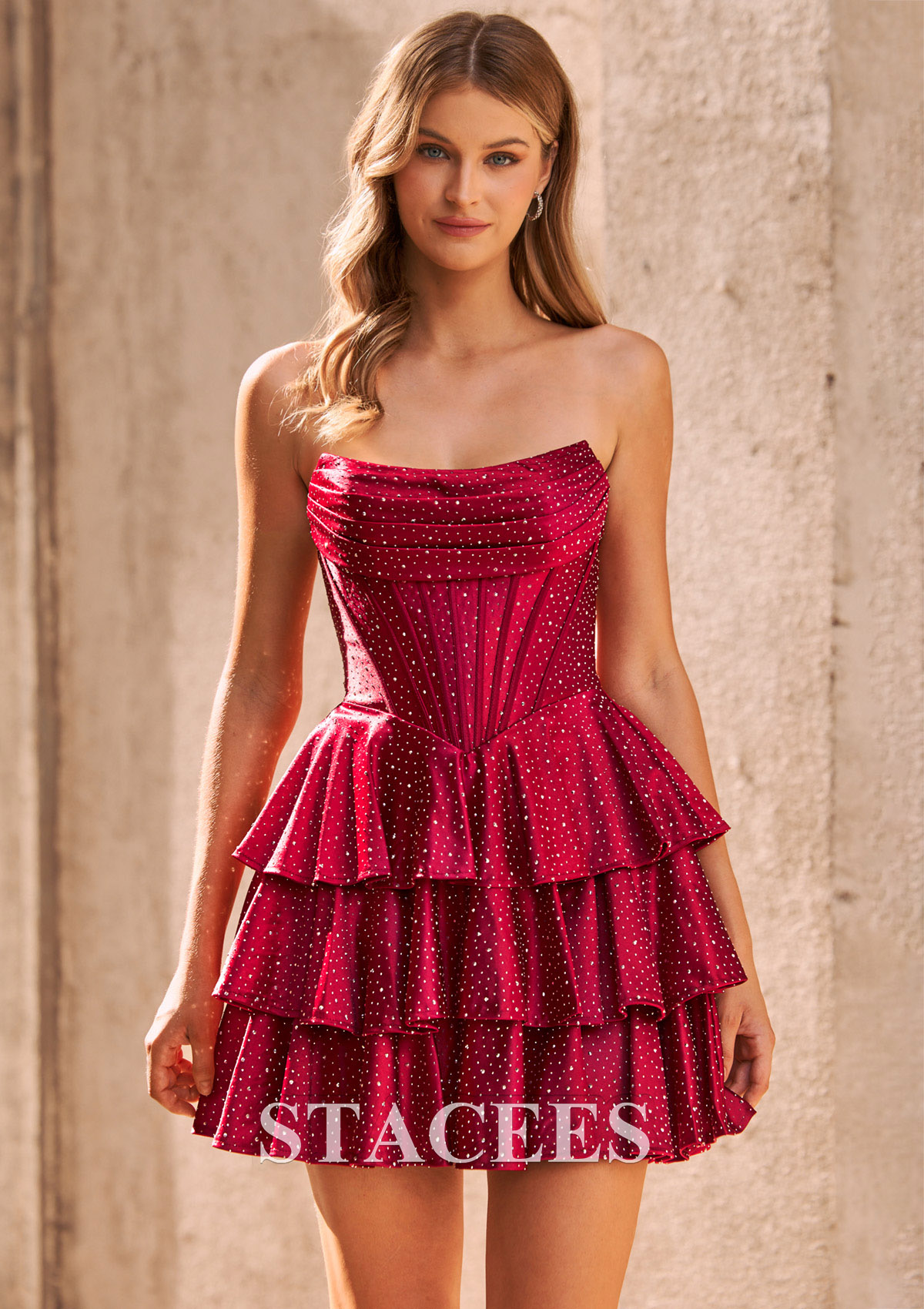Burgundy A-line Sparkly Strapless Ruched Corset Ruffle Homecoming Dress - STACEES