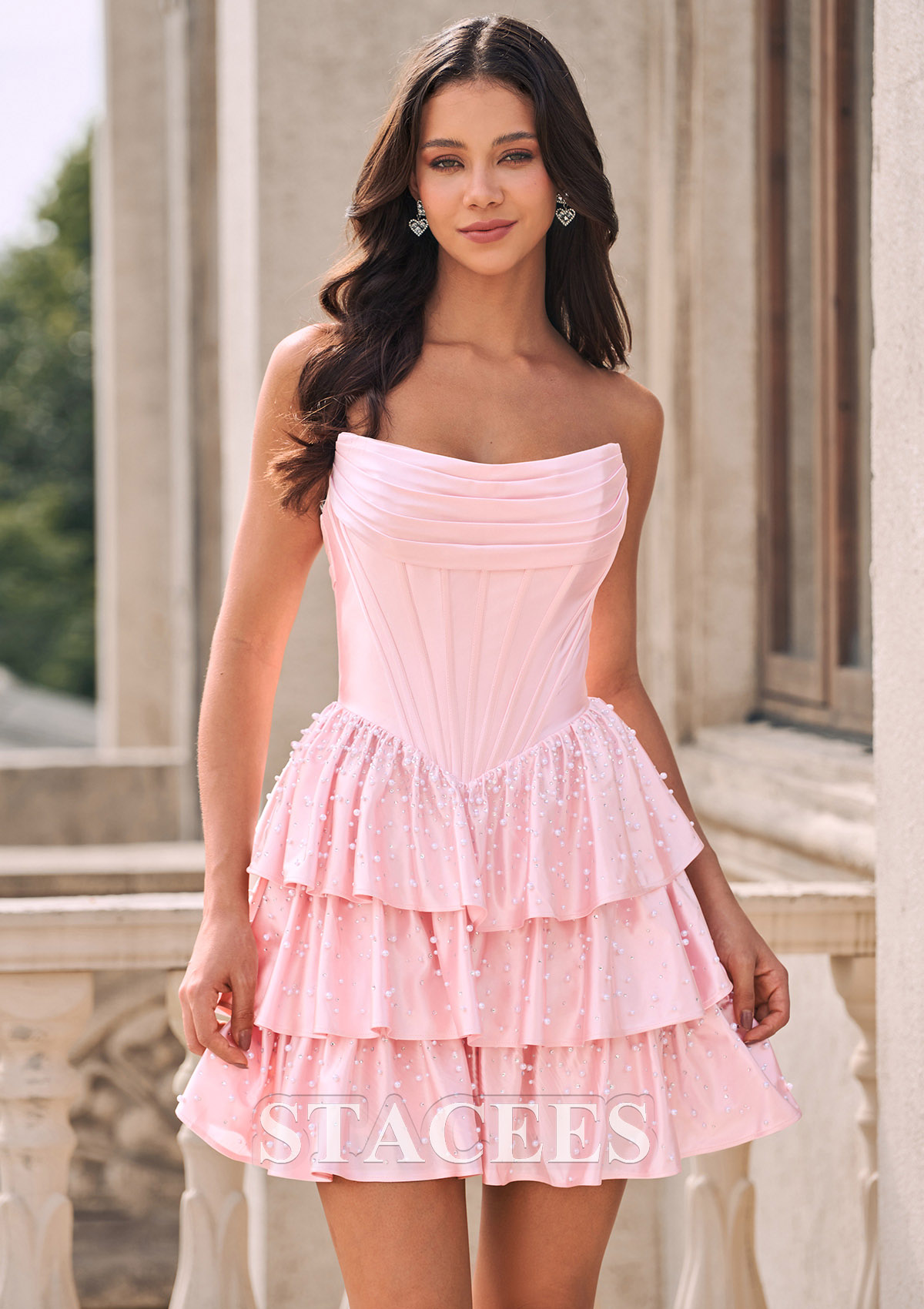 Blushing Pink A-line Pearl Beaded Ruffle Short Homecoming Dress with Strapless Corset - STACEES