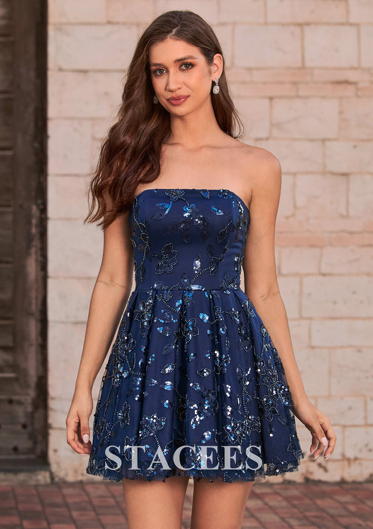 Dark Navy Floral Sequin Beaded Strapless A-Line Homecoming Dress - STACEES